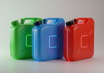 Three colorful jerry cans with glowing edges isolated on white background
