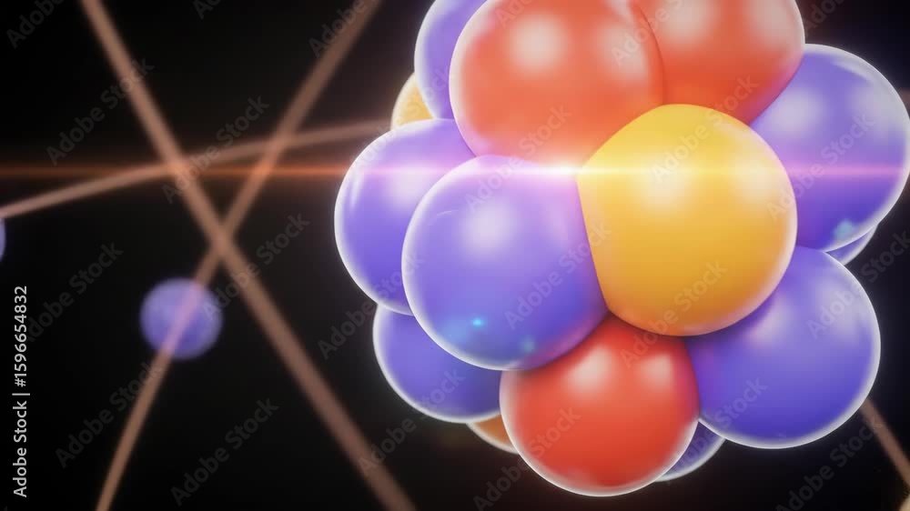 Poster animated atom structure rotating in space - a stylized 3d animation of an atom nucleus with orbiting