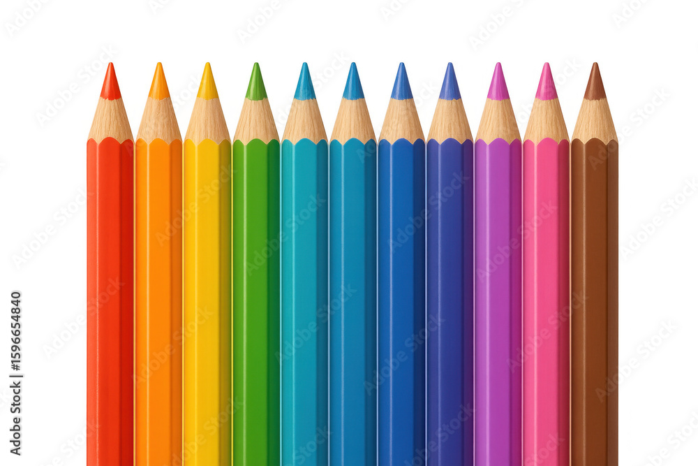 Poster row of sharpened colored pencils forming a gradient, isolated on transparent background, ideal for c