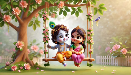 Cute Krishna and Radha on a Swing, Perfect for Hindu Celebrations