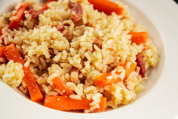 Rice meat and vegetables pilaf fresh delicious gourmet food background on the table rustic food top view copy space