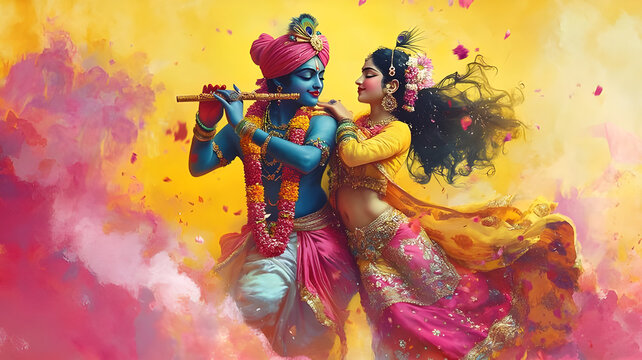 Naklejki Krishna and Radha in a Colorful Holi Celebration