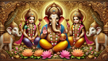 Hindu deities Ganesha, Lakshmi, and Saraswati in ornate golden setting.