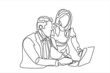 Continuous one line drawing businessman and woman having a discussion. Business activities concept. Single line draw design vector graphic illustration.Hand drawn one line vector. Editable stroke	