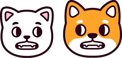 Cute cartoon cat and dog face looking at each other with awkward grimace. Cringe, discomfort, embarrassment reaction. Funny vector illustration.