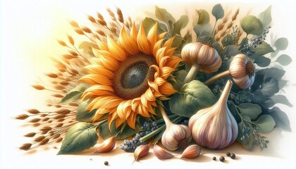Rustic Sunflower and Garlic Still Life with Wheat and Green Leaves