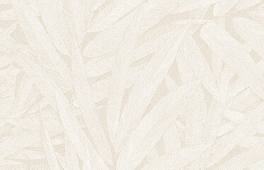 Seamless beige halftone pattern of overlapping tropical leaves with vintage botanical engraving texture.
