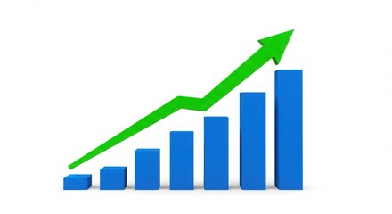 Green arrow pointing upwards over blue bar graph isolated on white background