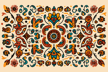 Colorful Boho Folk Art Floral Vector Pattern with Symmetrical Ornamental Elements – Vintage Ethnic Decorative Background for Textile, Wallpaper, or Print Design