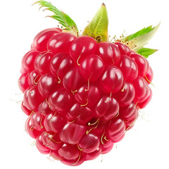 A vibrant, ripe raspberry with a glossy texture and green leaves attached.