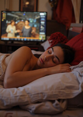 Obraz premium Girl sleeping while TV glows in background