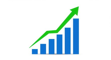 Fototapeta premium Blue bar chart with upward trending green arrow isolated on white background