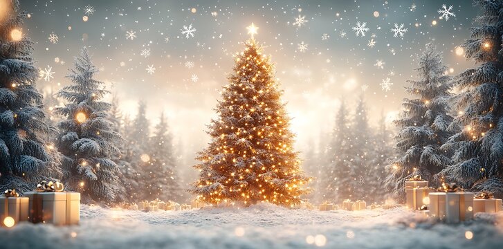 Snowy forest decorated Christmas tree with gifts lights snowflakes