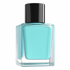 Light blue nail polish in square clear glass bottle with black cap, isolated on white background
