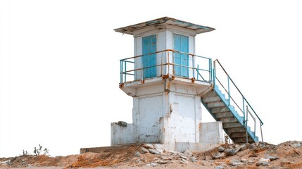 Rusty Blue And White Lifeguard Tower On Sandy Beach