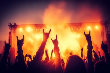 A group of people are at a concert, with their hands raised in the air