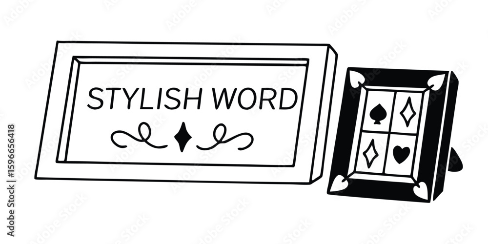 Poster two frames with stylish word and card suits on transparent background this image features two