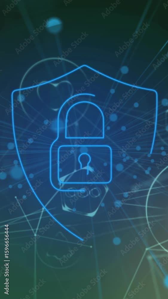 Poster animation of floating dots, padlock in shield icon in circles connected with lines