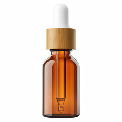 Amber dropper bottle with bamboo cap isolated on white background