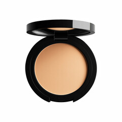 Open black compact face powder isolated on white background