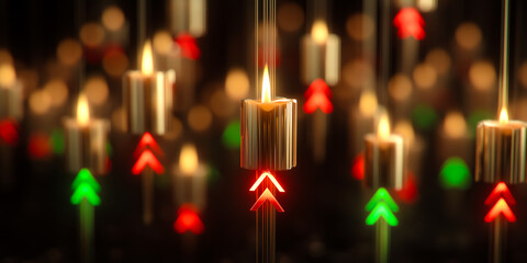 Glowing Candlestick Patterns With Dynamic Red And Green Arrows Visualizing Stock Market Trends