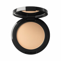 Open black compact face powder isolated on white background