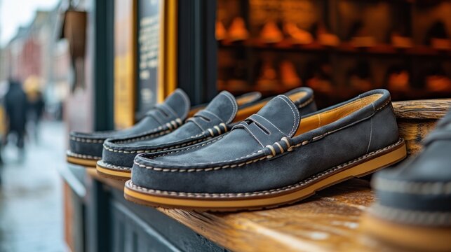Stylish navy blue loafers displayed on wooden shelf - Powered by Adobe