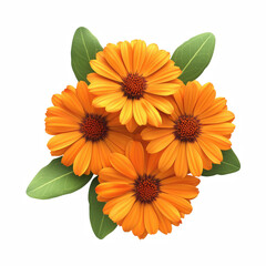 Top view of calendula flowers with green leaves isolated on white background