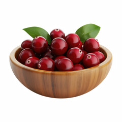 Fresh cranberries with green leaves in wooden bowl isolated on white background