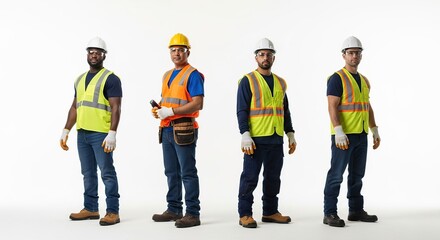 Diverse construction workers in protective gear standing together isolated on white background ready for industry projects