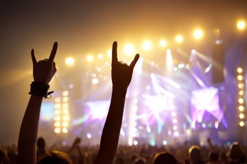 A crowd of people are at a concert, with their hands raised in the air