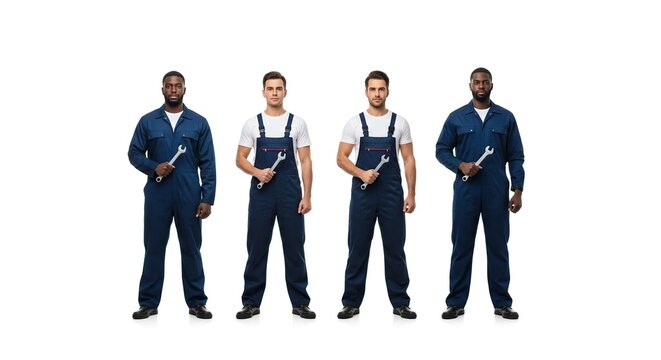 Four Diverse Mechanics in Blue Overalls Holding Wrenches Standing Confidently Isolated on White Background