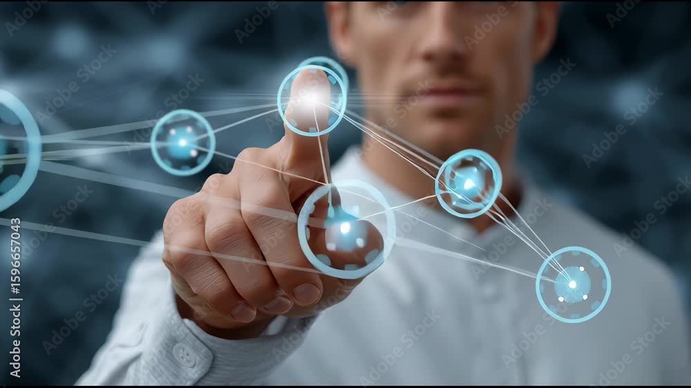 Poster man finger pointing glowing digital network interface with connected nodes showcasing technology inn