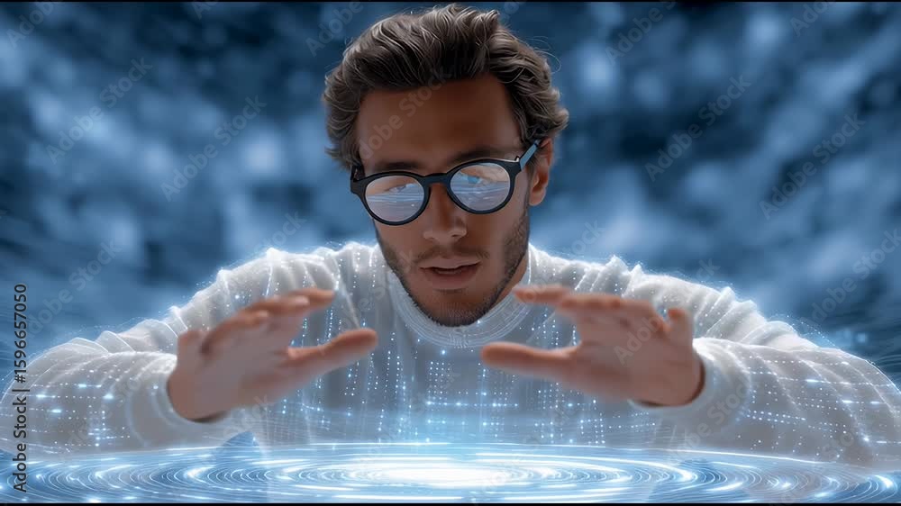 Poster man wearing glasses interacting with glowing digital network and futuristic technology interface sho