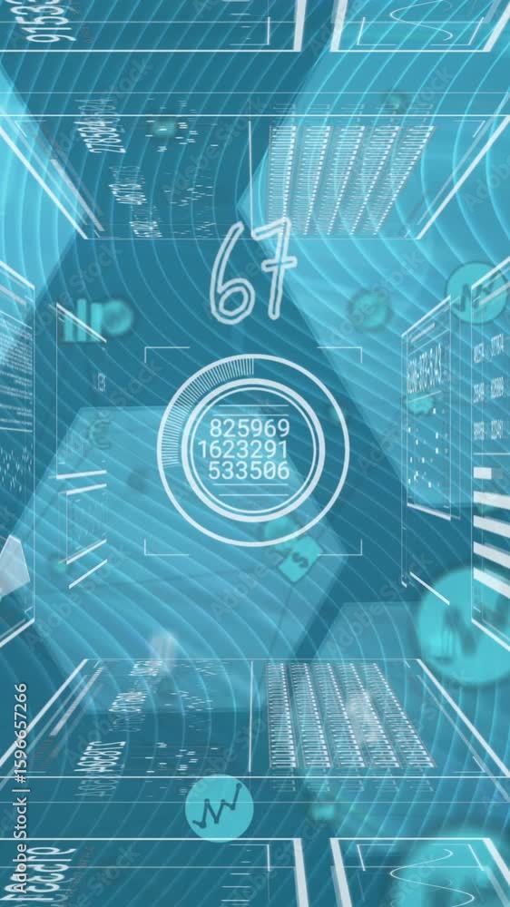 Aufkleber animation of numbers over interface with data processing against hexagonal shapes on blue background