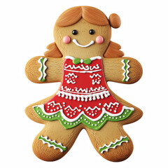 Cute gingerbread girl cookie decorated with red and green icing isolated on white background
