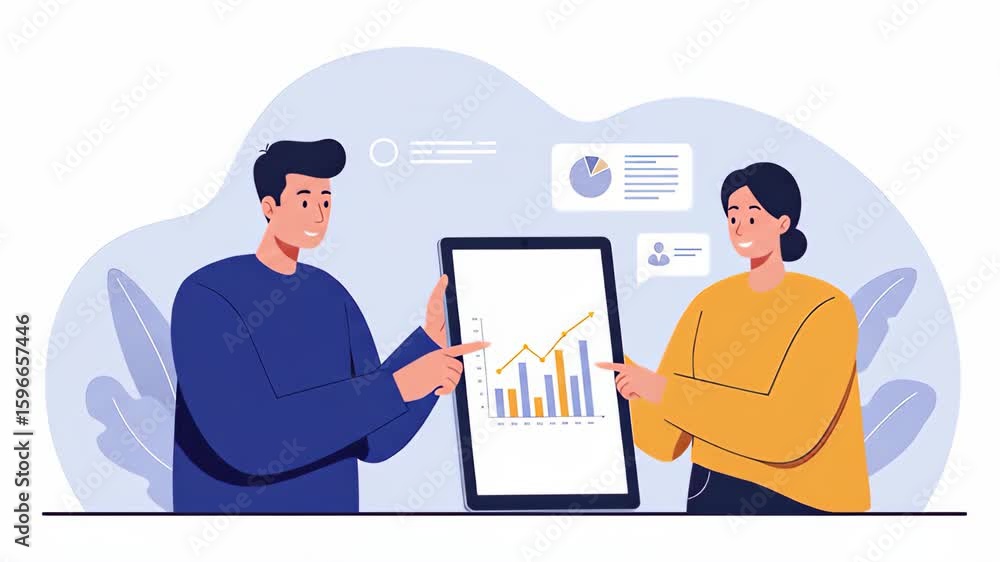 Poster flat vector two business people are analyzing data on a tablet, discussing charts and graphs for a m
