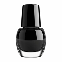 Glossy black nail polish bottle with clear glass base and tall black cap isolated on white background