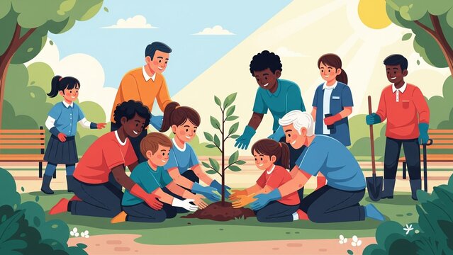 Environmental conservation concept, a diverse community of volunteers, adults and children, planting a tree together in a park.