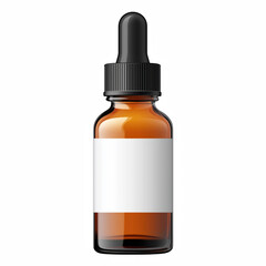 Front view of an amber glass dropper bottle with black cap and blank white label, cosmetic or essential oil packaging mockup isolated on white background