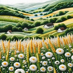 "Threaded Tranquility: A Countryside Scene Stitched in Sunlight"
