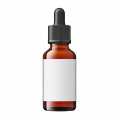 Front view of an amber glass dropper bottle with black cap and blank white label, cosmetic or essential oil packaging mockup isolated on white background