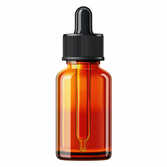 Front view of an amber glass dropper bottle with black cap and dropper top, realistic cosmetic or essential oil container isolated on white background