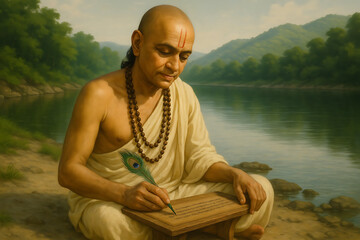 Indian sage writing on scripture board beside riverbank in natural landscape reflecting devotion peace and divine thoughtfulness during Tulsidas jayanti observance ceremony