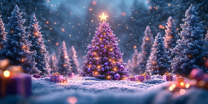 Decorated purple christmas tree with gifts in snowy forest image