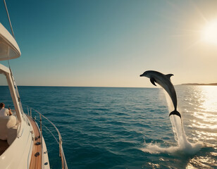 Kids are watching a dolphin jumping out of the water in the sea from a yacht on a beautiful sunny day. yacht in the sea. © Muhammad Saleem