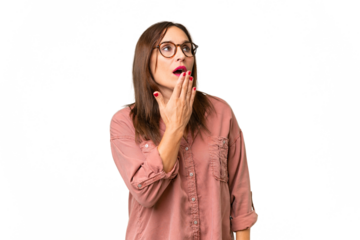 Middle-aged caucasian woman over isolated background yawning and covering wide open mouth with hand