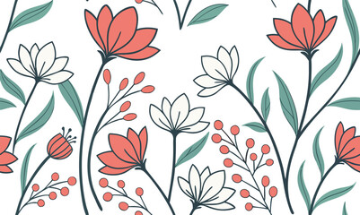 Hand Drawn Floral Seamless Pattern with Red and White Wildflowers.