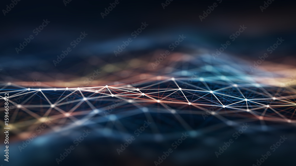 Poster futuristic digital network connection grid on dark background – abstract data communication and ai t