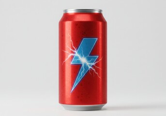 Fototapeta premium Red energy drink can with blue lightning bolt symbol isolated on white background